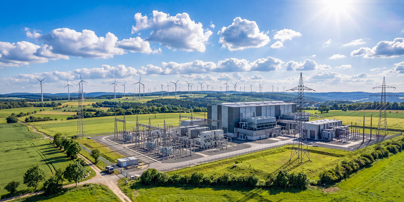 Aerial view of a modern power station surrounded by fields and wind turbines