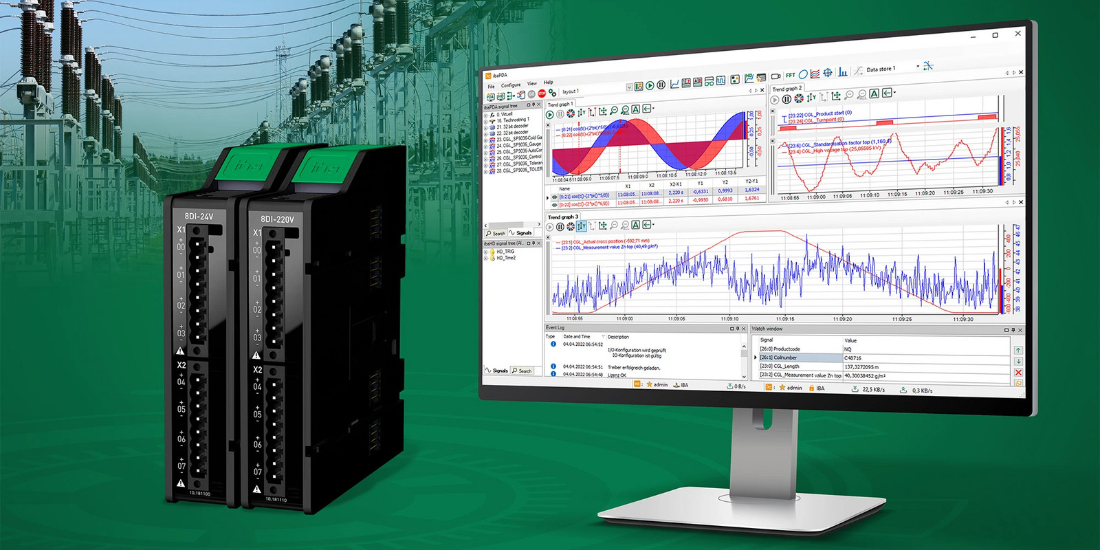 iba data acquisition modules and monitoring software displayed in front of an electrical substation background