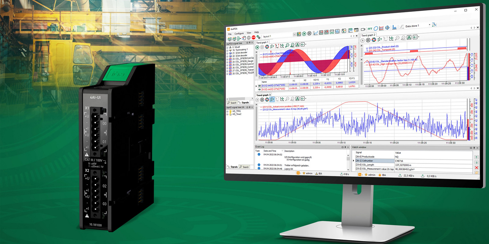 A black iba device next to a monitor displaying measurement and analysis software on a green background.