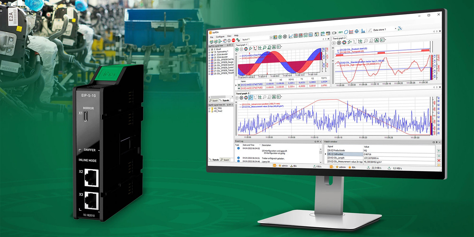 Industrielle Automationsszene mit Roboterfertigungslinie, einem industriellen Ethernet-Gerät und einem Monitor mit Leistungsdiagrammen.