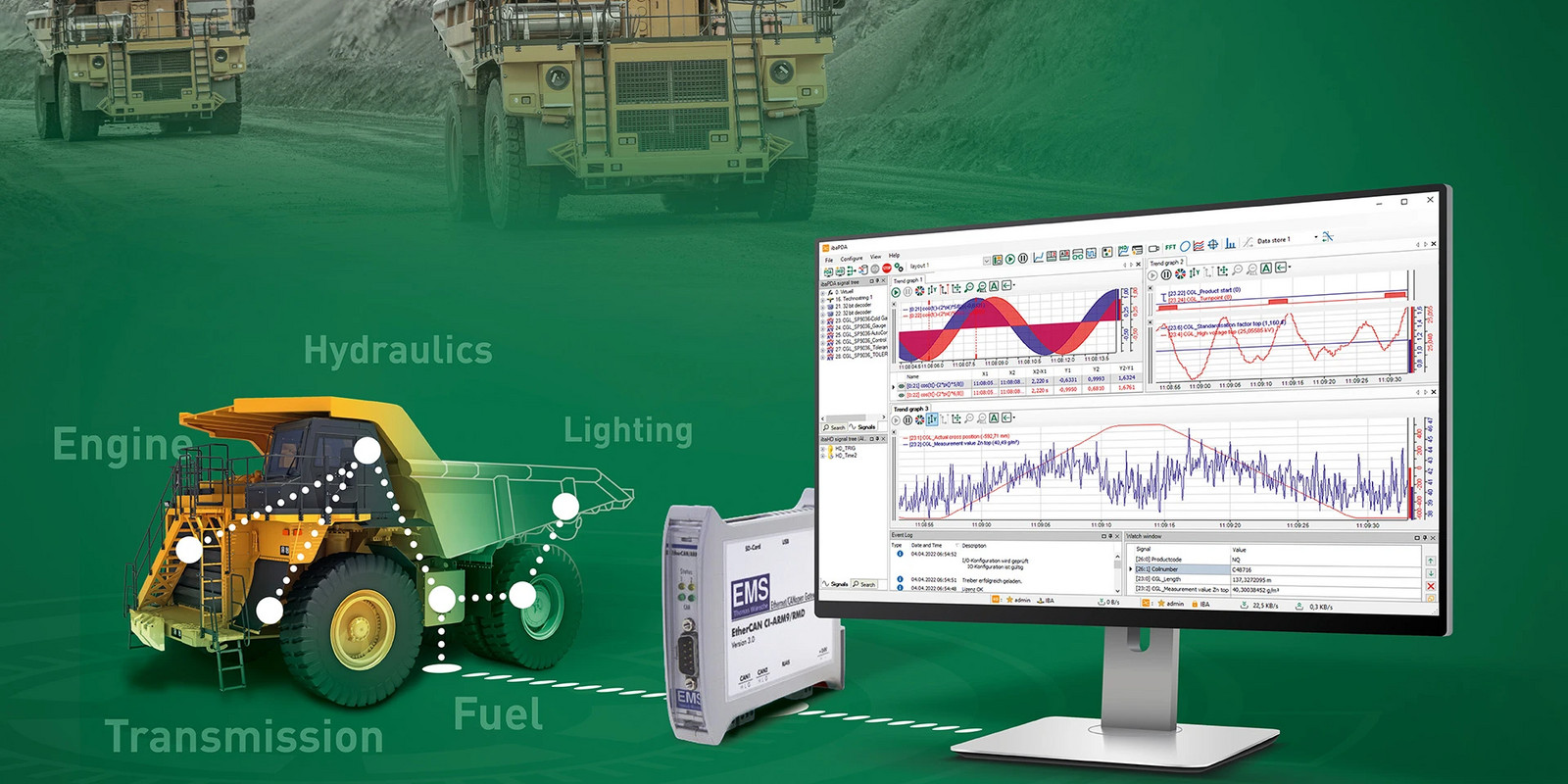 Dump truck with connected sensors and data analysis displayed on a monitor to monitor hydraulics, engine, lighting, transmission, and fuel.