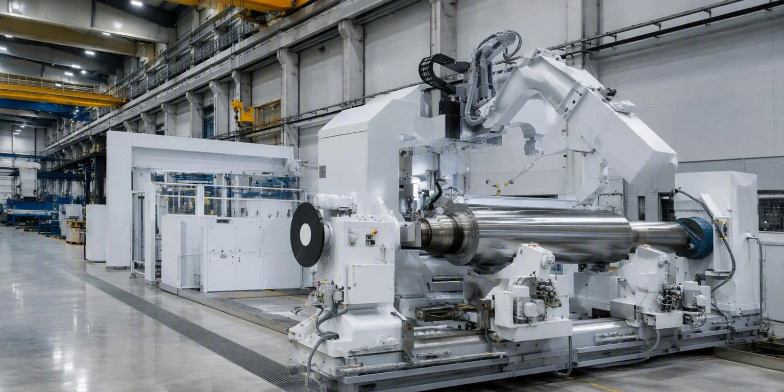 Large CNC roll grinding machine machining a polished metal cylinder in a spacious industrial production hall.
