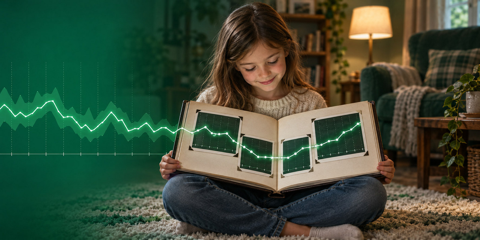 Child looking at a photo album with overlaid data trend graphics in a living room.