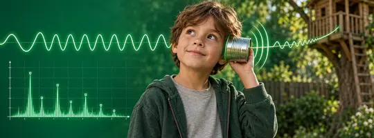 Kind hört durch ein Dosentelefon im Garten, überlagert von Schallwellen und Audiografiken.