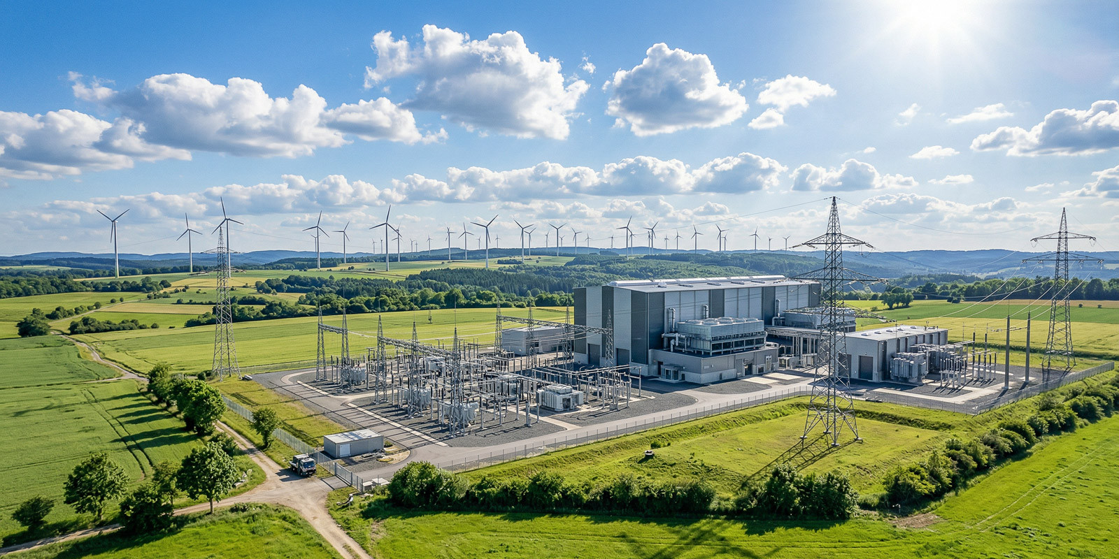 Aerial view of a modern power station surrounded by fields and wind turbines