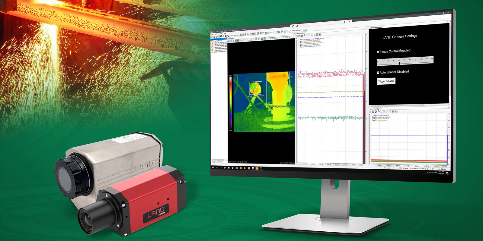 Ein industrielles Überwachungssystem mit einer Wärmebildkamera und einer Softwareoberfläche, die während eines Metallverarbeitungsprozesses Wärmedaten analysiert.