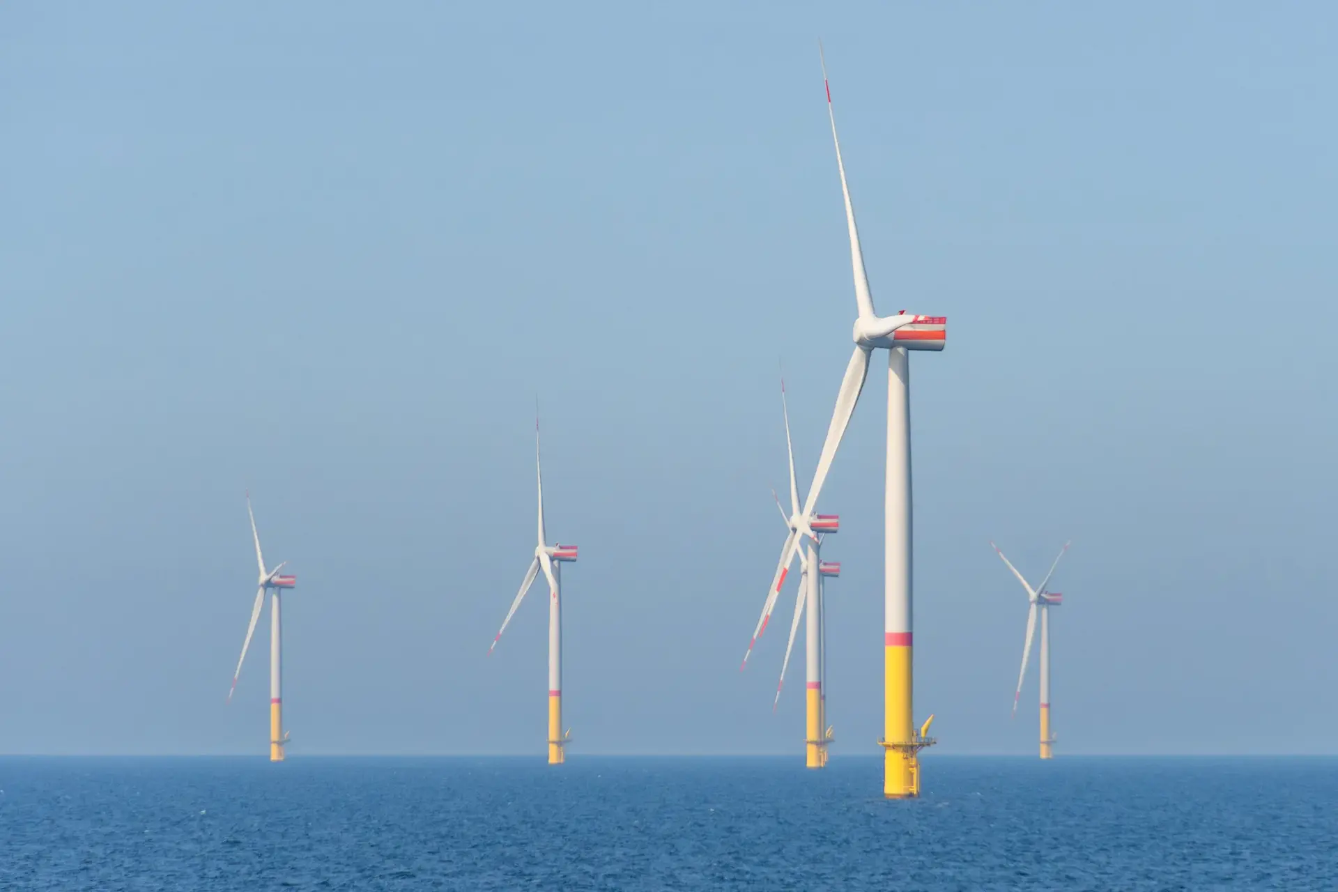 Offshore wind turbines standing in calm blue water under a clear sky.