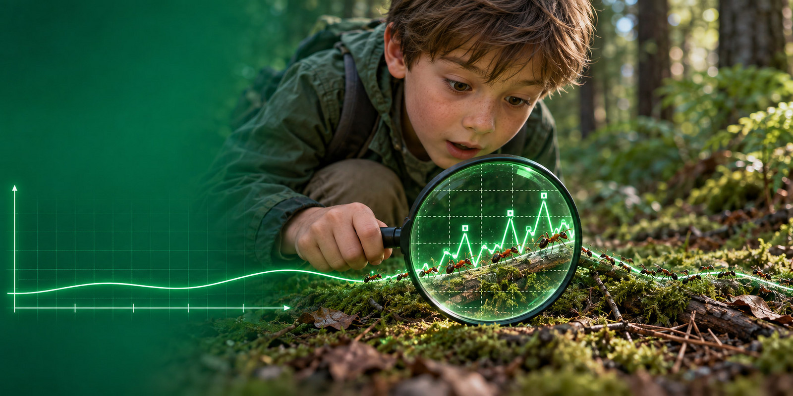 Child examining ants with a magnifying glass in a forest, overlaid with data visualization graphics.